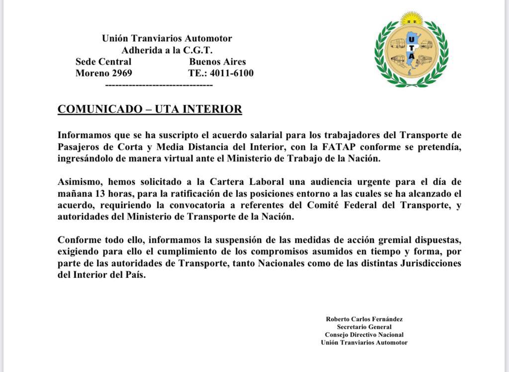 Comunicado UTA finalizacion paro