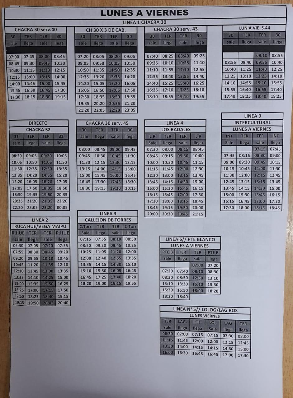 Horarios de lunes a viernes