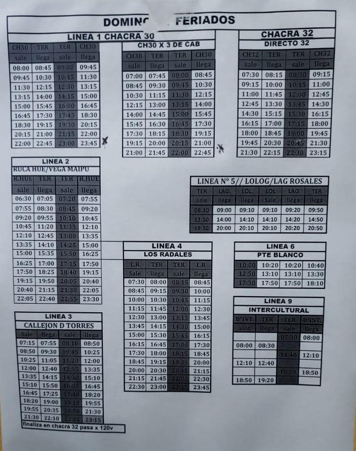 Horarios domingos y feriados