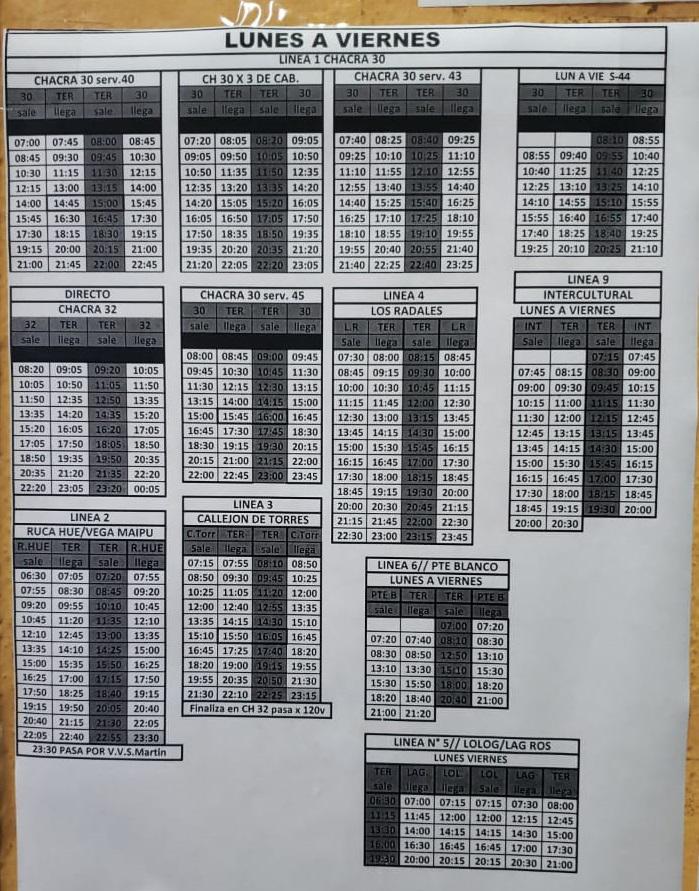 Horarios lunes a viernes