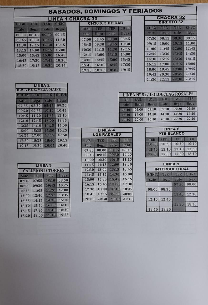 Horarios de sábados, domingos y feriados